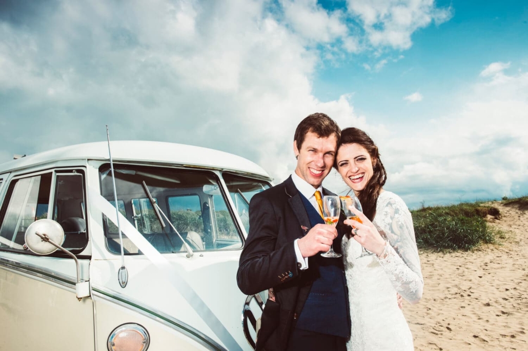 Wedding photography of bride and groom on Ayr Beach